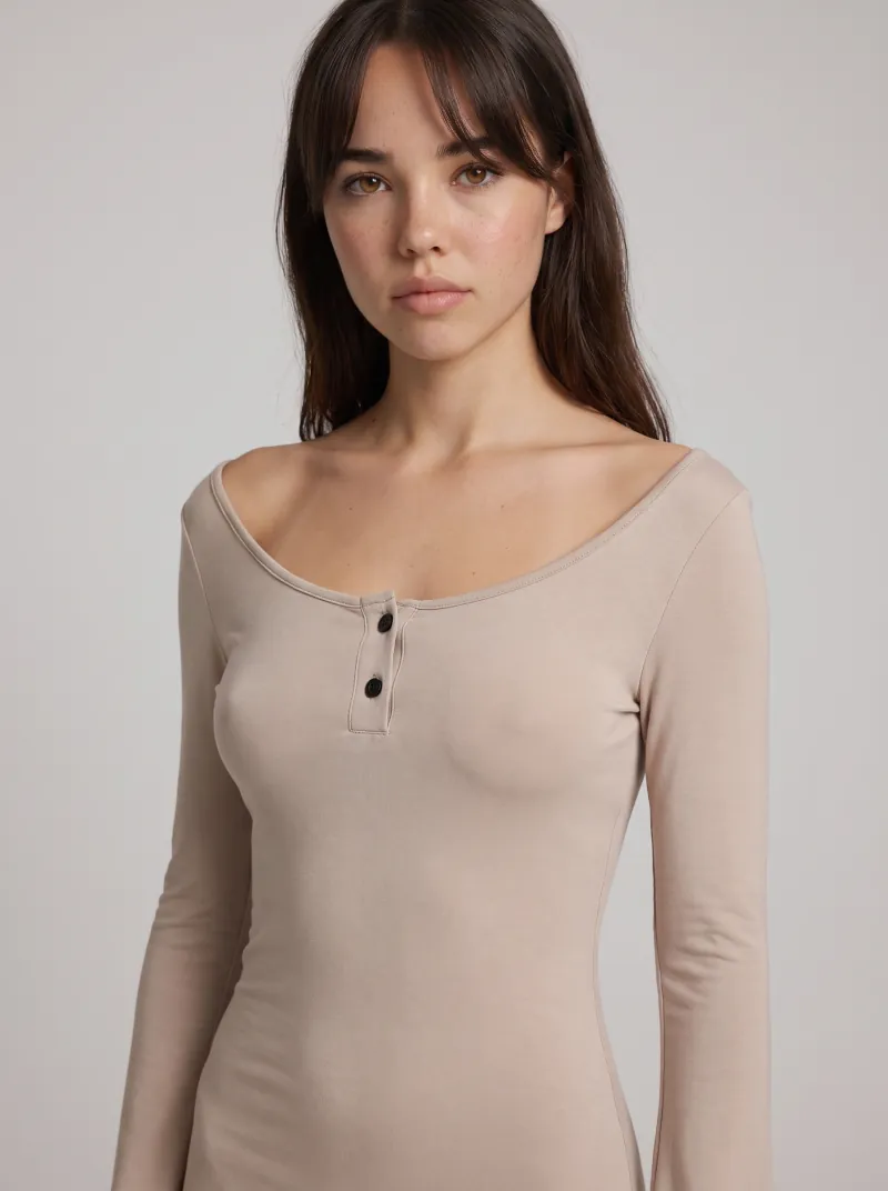 Henley mini dress in beige, portrait