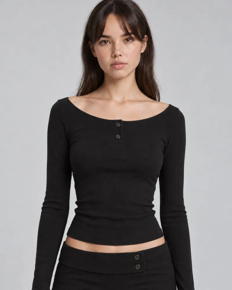 Henley top in black, portrait
